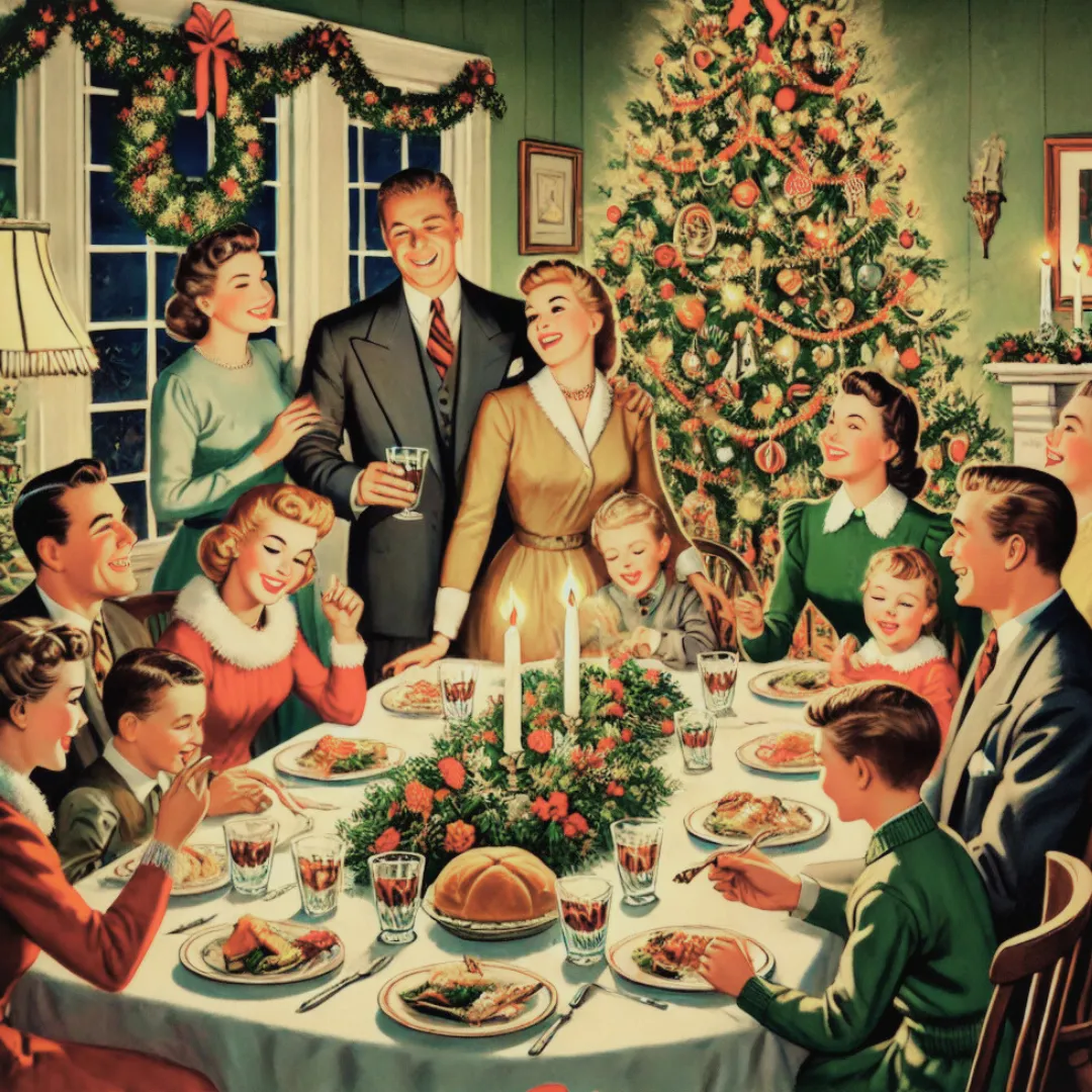 Piacere a tavola: locandina anni 50 che ritrae una famiglia raccolta a tavola, durante il Natale