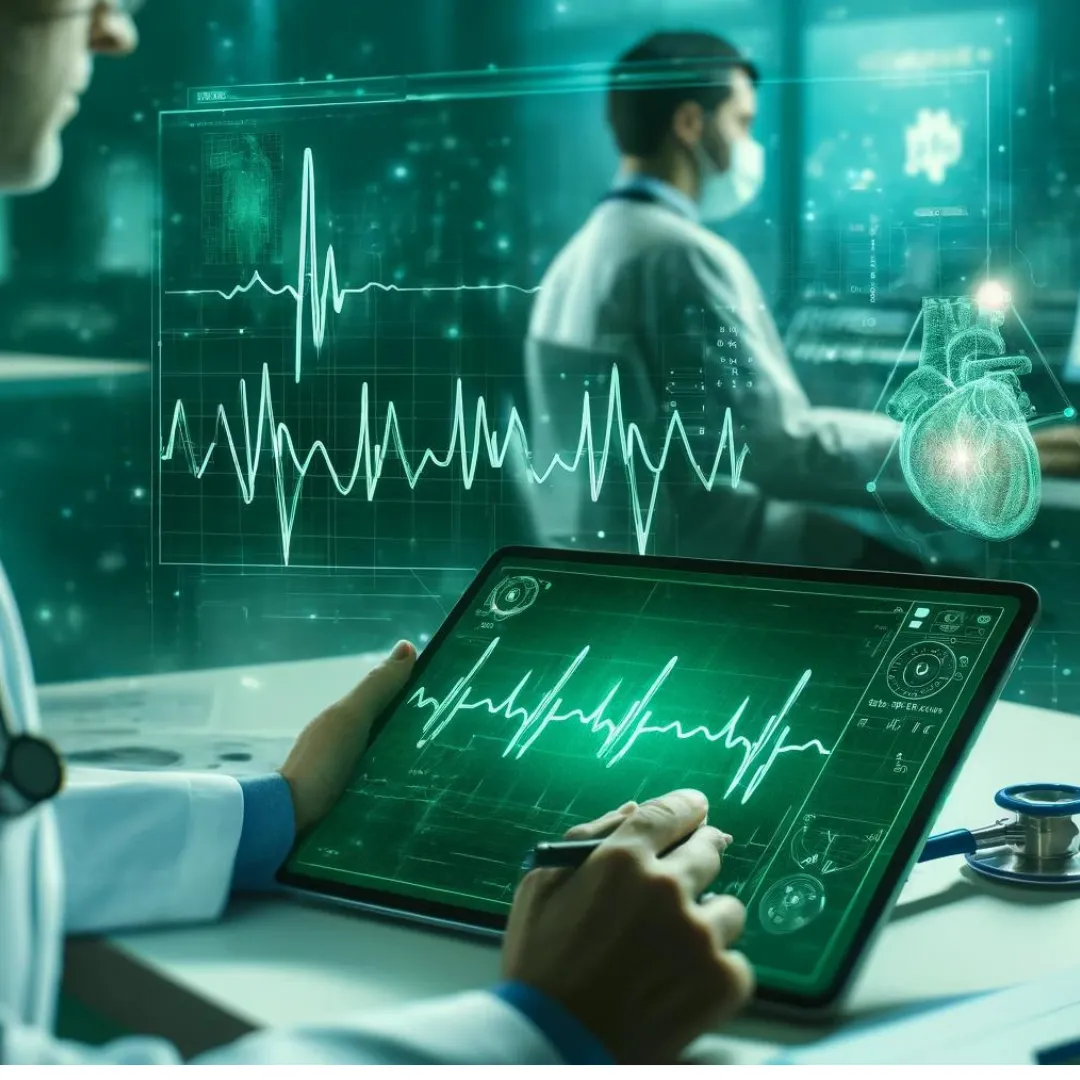 ECG con AI; un medico analizza un ECG avvalendosi delle avanzate tecnologie